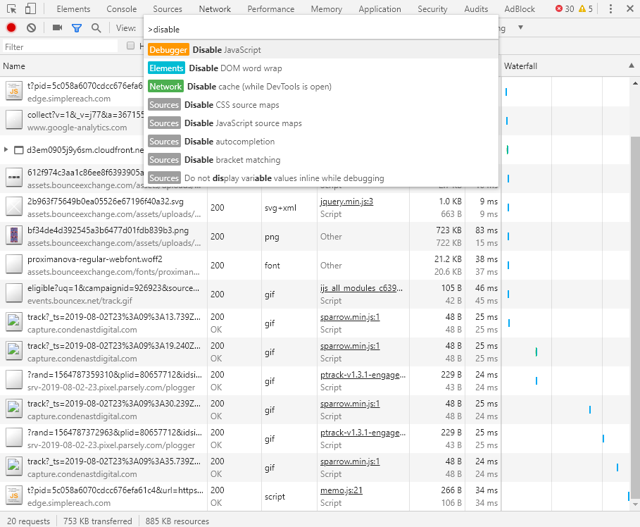 disable javascript with chrome developer tools